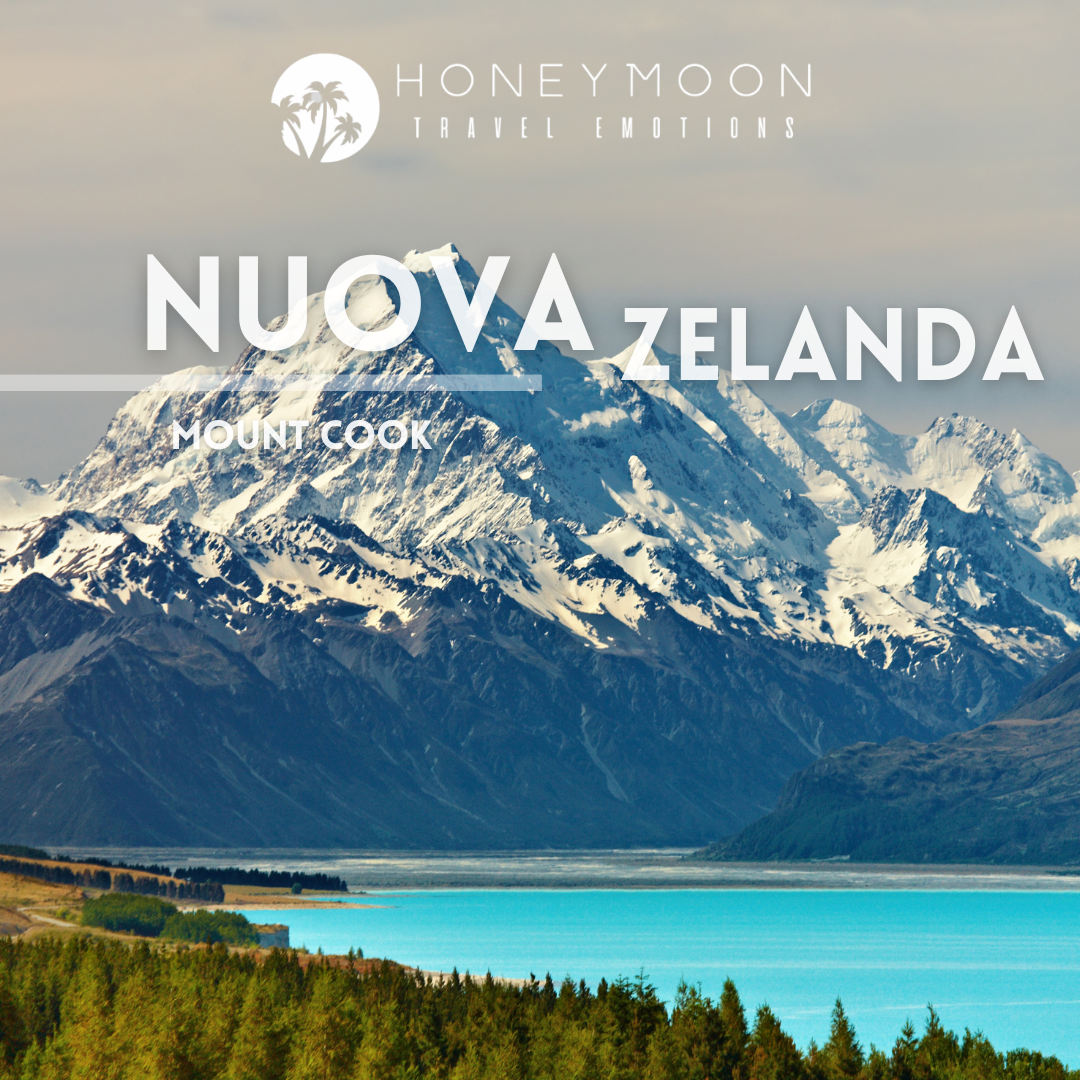 Lago Tekapo con acque turchesi e montagne sullo sfondo, nell’Isola del Sud della Nuova Zelanda.